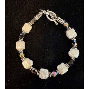 Vintage Artisan Bracelet Square Pearls Crystal Beads Toggle Clasp 7.5” BOHO
